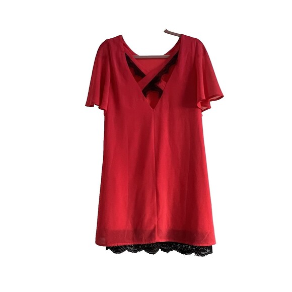 Ya Los Angeles Dresses & Skirts - Festive Red Sheath Dress with Black Lace Trim Cross Back Flutter Sleeve Chiffon